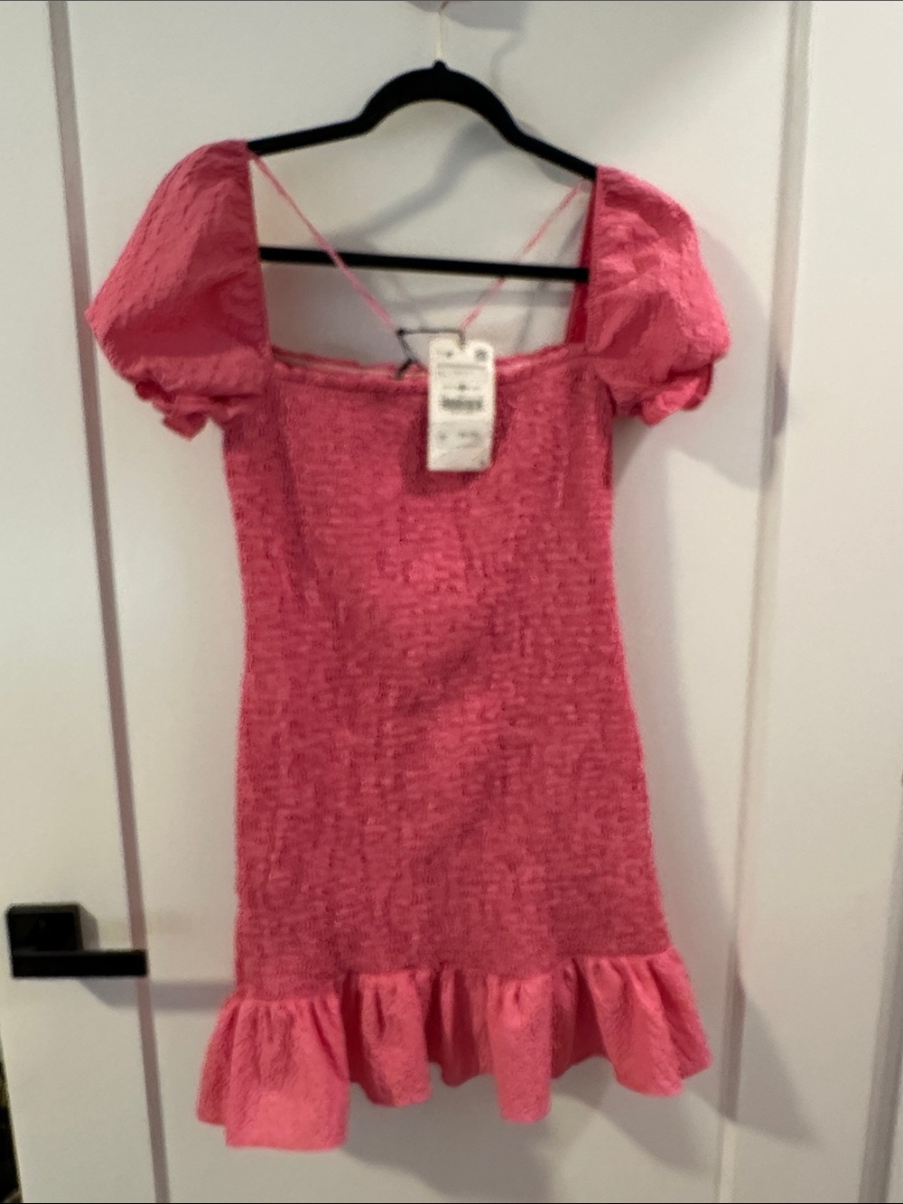 Zara Pink Smocked Puff Sleeve Ruffle-Hem Dress